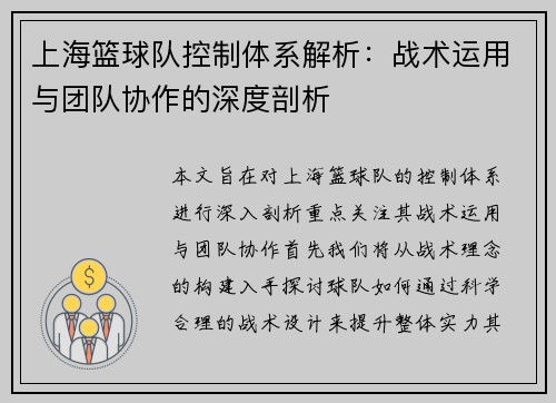 上海篮球队控制体系解析：战术运用与团队协作的深度剖析